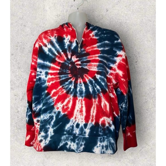 Custom Tie Dye Rough Hem Quarter Zip Hooded Mid Weight Sweatshirt Size Medium - Picture 1 of 5
